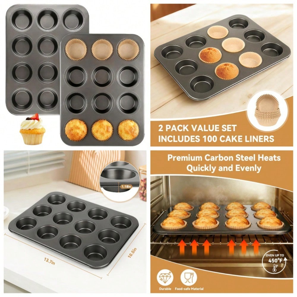 2팩 머핀 팬(100개 컵케이크 라이너 포함), 12컵 - Muffin Tin Nonstick 리뷰 및 가격
