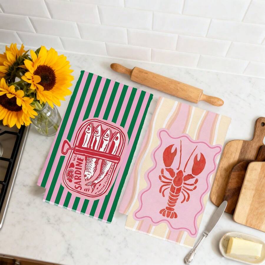 2개, 분홍색과 녹색 줄무늬가 있는 새우와 생선 주방  - Kitchen Baking Cloth 리뷰 및 가격